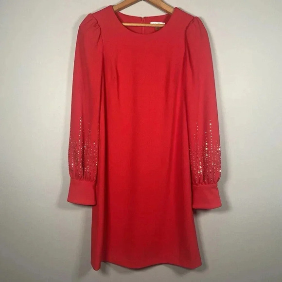 Calvin Klein Red Beaded Sleeve Sheath Midi Dress Size 6 Holiday Party Cocktail - Picture 1 of 12